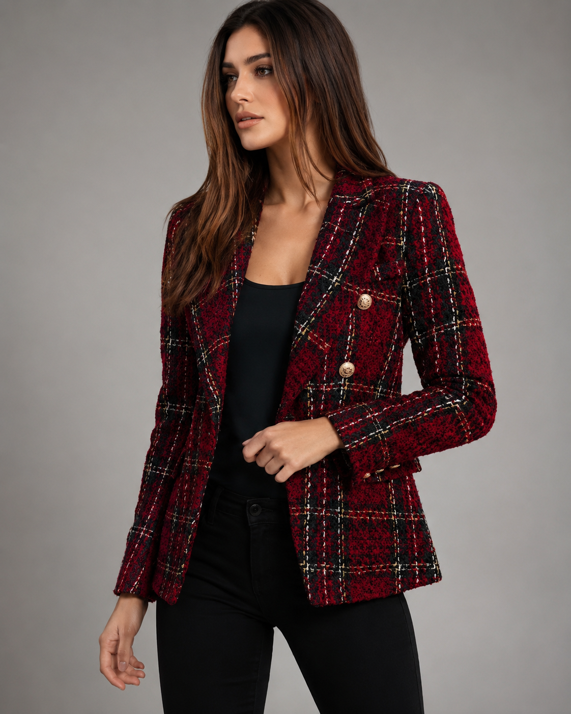 Women's Slim Fit Check Blazer – Long-Sleeved Double-Breasted Design