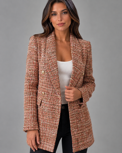 Women's Slim Fit Check Blazer – Long-Sleeved Double-Breasted Design