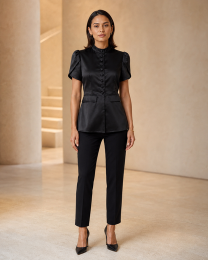 Women's Black Fitted Short Sleeve Blouse – Mandarin Collar with Peplum Flare