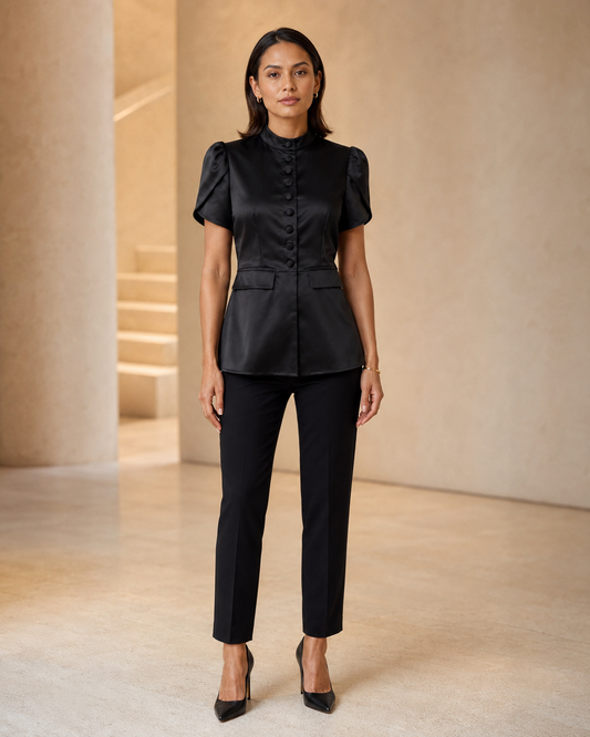 Women's Black Fitted Short Sleeve Blouse – Mandarin Collar with Peplum Flare