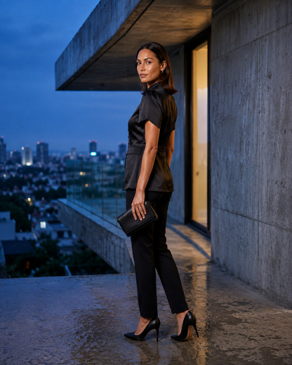 Women's Black Fitted Short Sleeve Blouse – Mandarin Collar with Peplum Flare