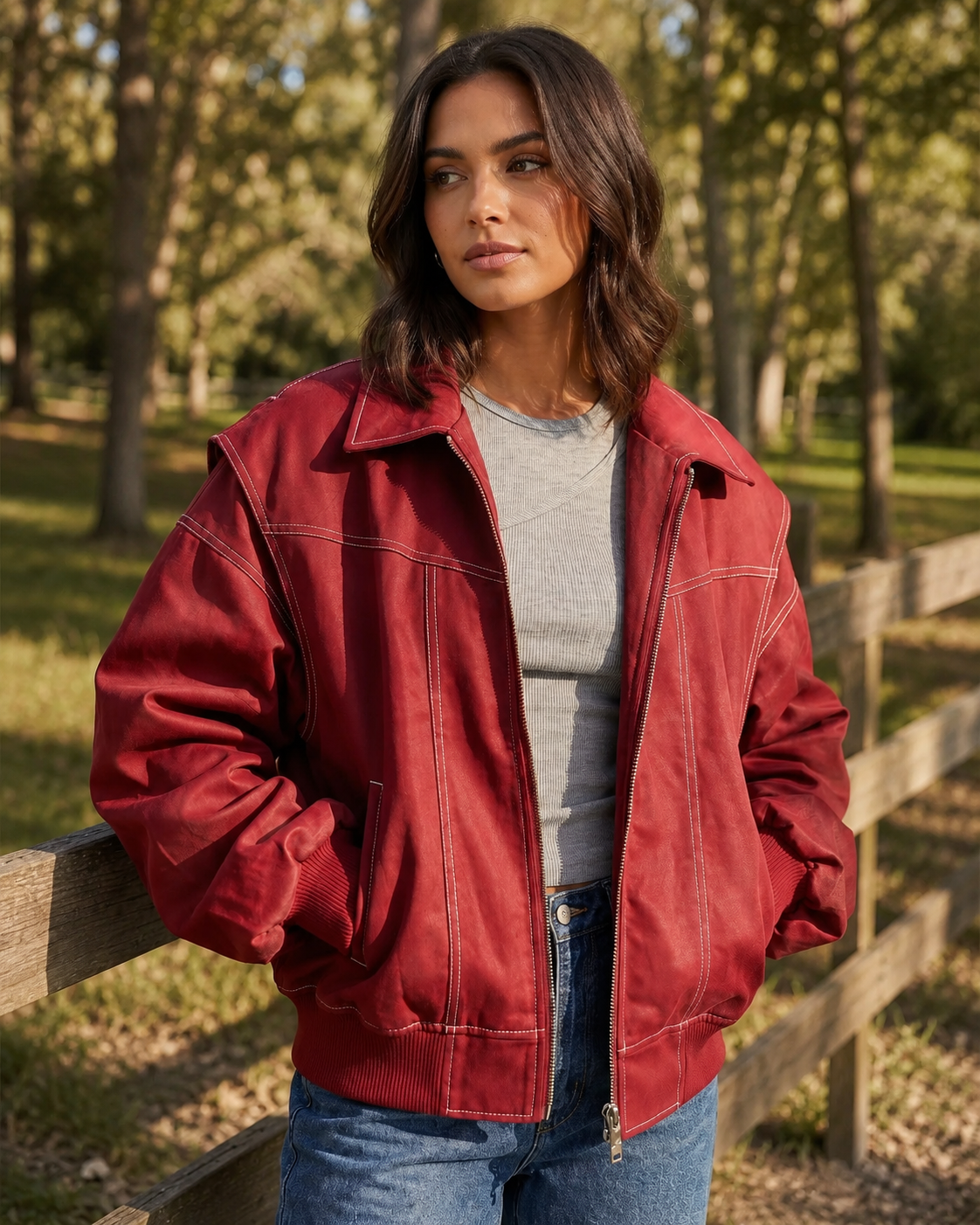 Women's Oversized Zip-Up Bomber Jacket – Classic Collar, Slightly Padded