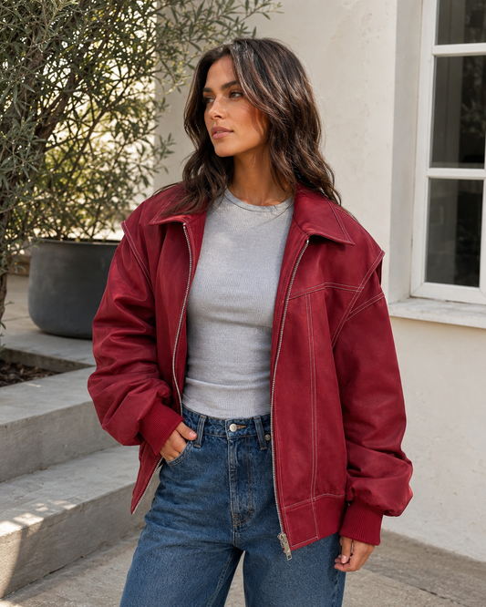 Women's Oversized Zip-Up Bomber Jacket – Classic Collar, Slightly Padded