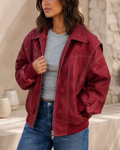 Women's Oversized Zip-Up Bomber Jacket – Classic Collar, Slightly Padded