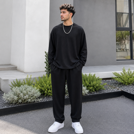 Men's Polyester Tracksuit 2-Piece Set – Relaxed Fit with Irregular Hemline and Adjustable Drawstring Waist