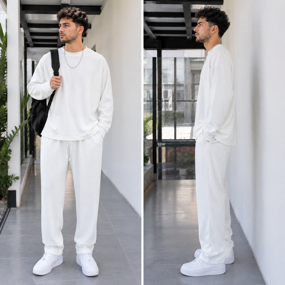 Men's Polyester Tracksuit 2-Piece Set – Relaxed Fit with Irregular Hemline and Adjustable Drawstring Waist