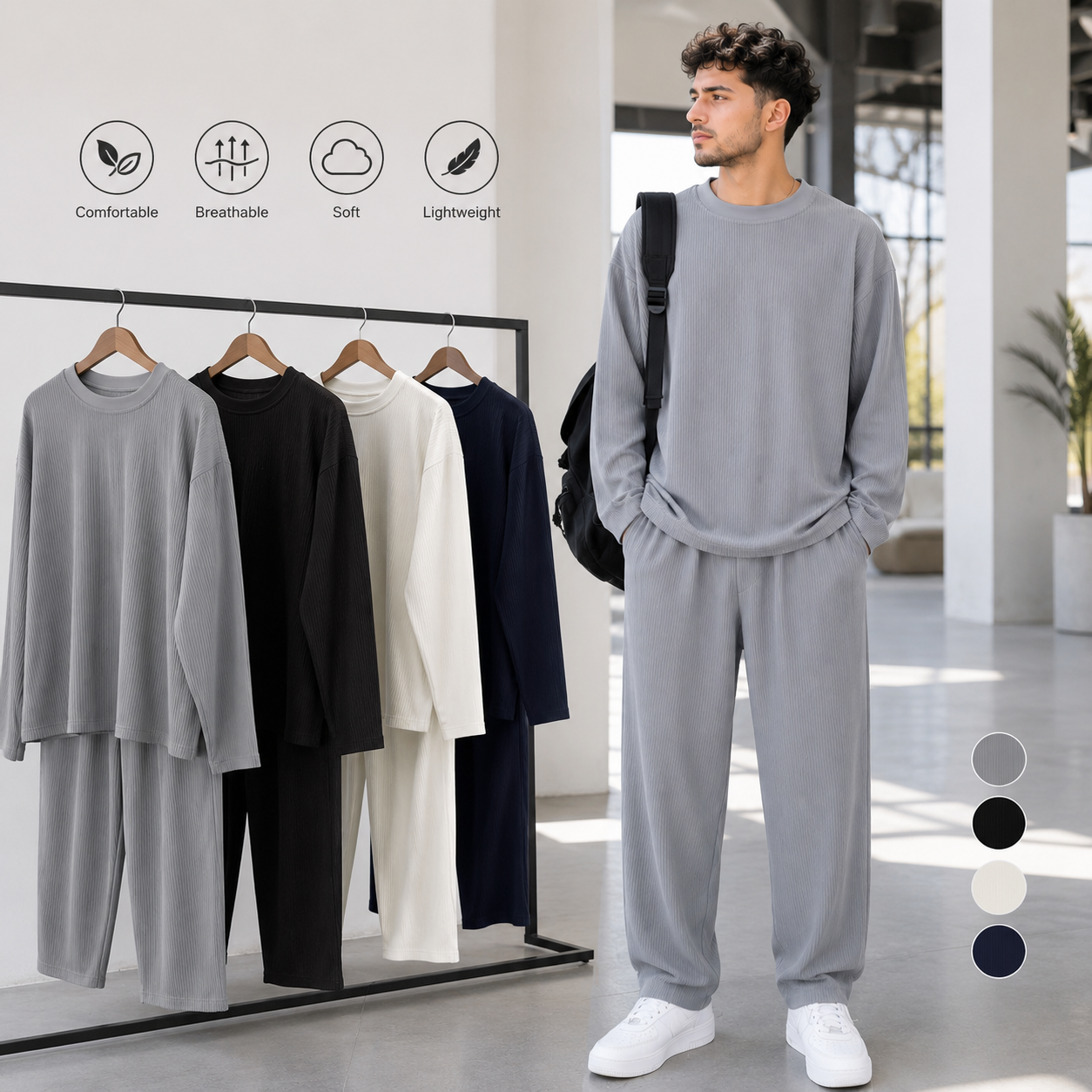 Men's Polyester Tracksuit 2-Piece Set – Relaxed Fit with Irregular Hemline and Adjustable Drawstring Waist