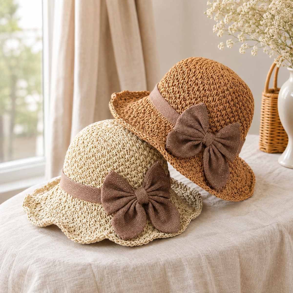 Women's Foldable Straw Sun Hat – Breathable with Retro Bow