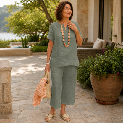 Women's Cotton-Linen Blend Loungewear Set – V-Neckline with Relaxed Fit
