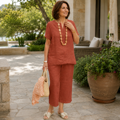 Women's Cotton-Linen Blend Loungewear Set – V-Neckline with Relaxed Fit