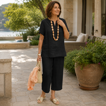 Women's Cotton-Linen Blend Loungewear Set – V-Neckline with Relaxed Fit