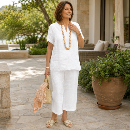 Women's Cotton-Linen Blend Loungewear Set – V-Neckline with Relaxed Fit