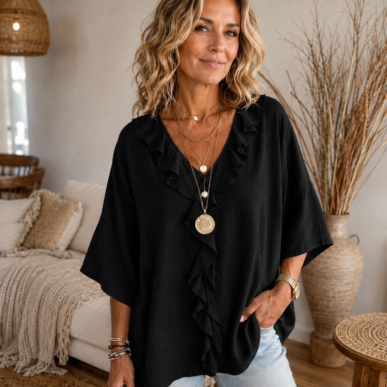 Women's Polyester Blouse – Flowing Ruffle V-Neck – Plus Size Available