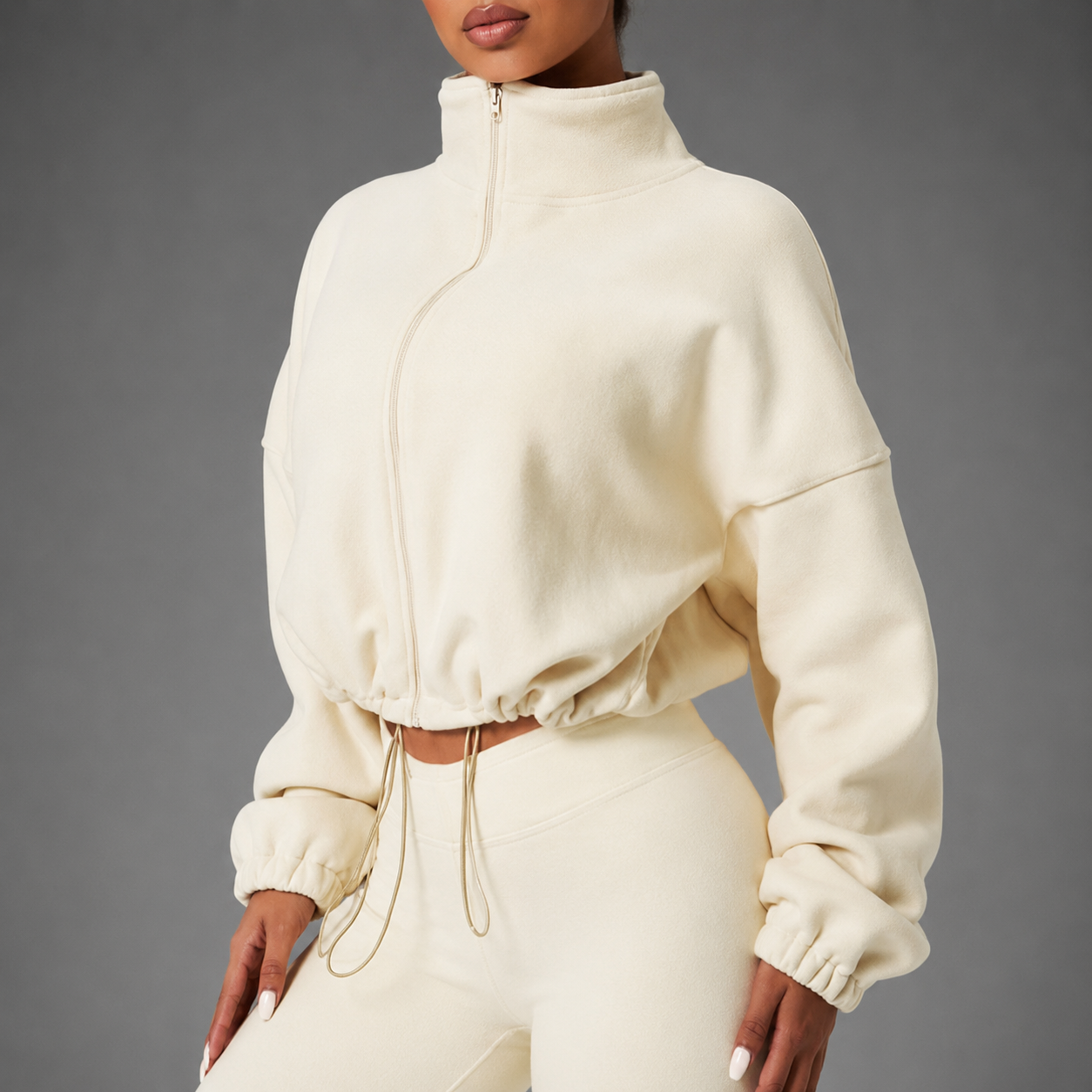 Women's Long Sleeve Zipper Coat – Stand Collar with Solid Patchwork