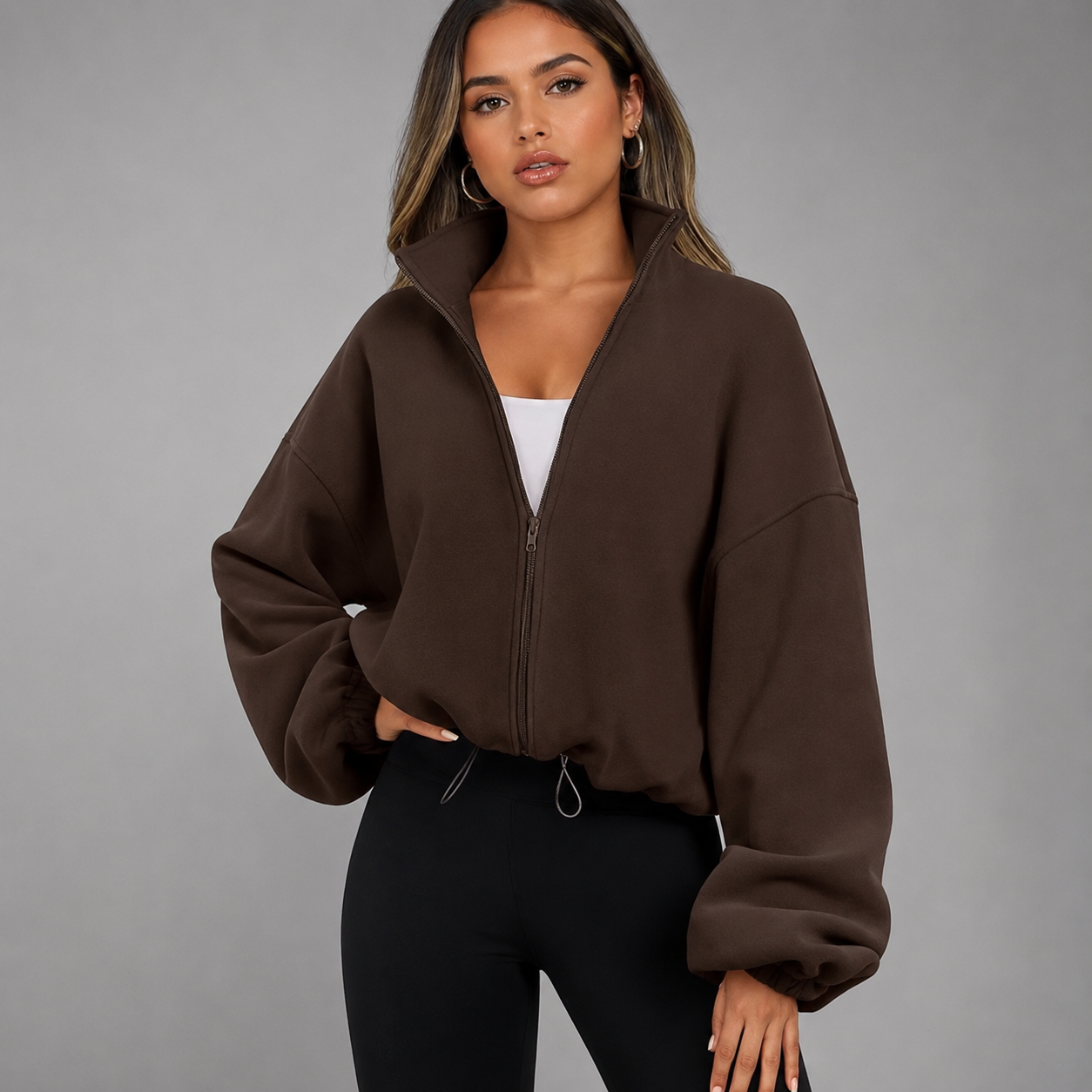 Women's Long Sleeve Zipper Coat – Stand Collar with Solid Patchwork