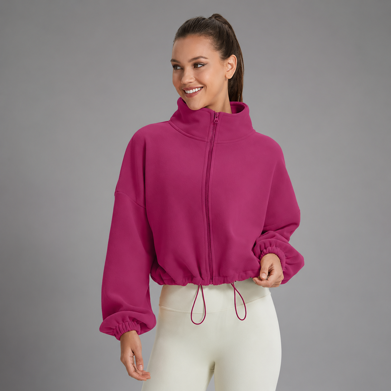 Women's Long Sleeve Zipper Coat – Stand Collar with Solid Patchwork