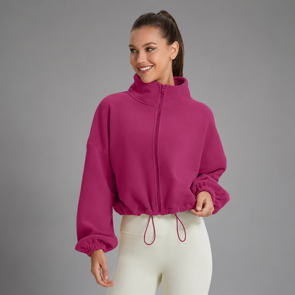 Women's Long Sleeve Zipper Coat – Stand Collar with Solid Patchwork