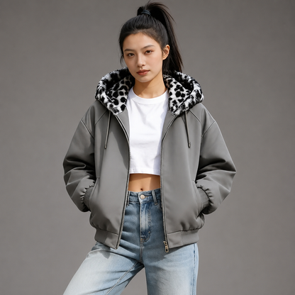 Women's Hooded Fleece Jacket – Double-Sided with Leopard Print