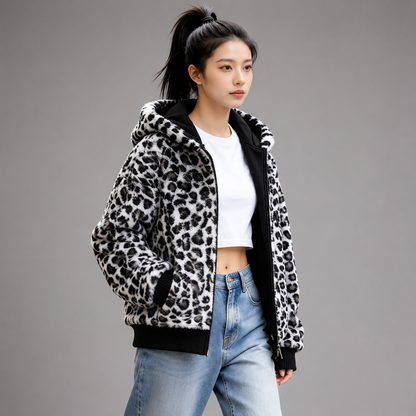 Women's Hooded Fleece Jacket – Double-Sided with Leopard Print