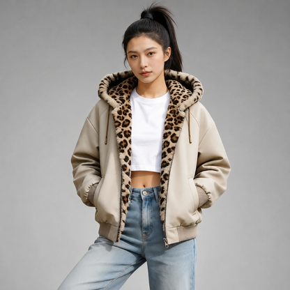 Women's Hooded Fleece Jacket – Double-Sided with Leopard Print
