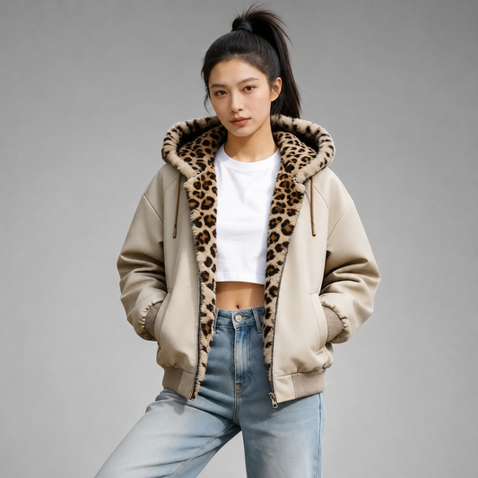 Women's Hooded Fleece Jacket – Double-Sided with Leopard Print