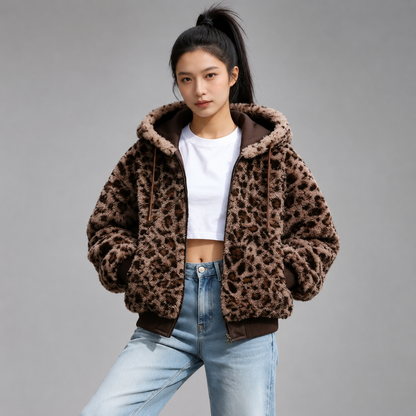 Women's Hooded Fleece Jacket – Double-Sided with Leopard Print