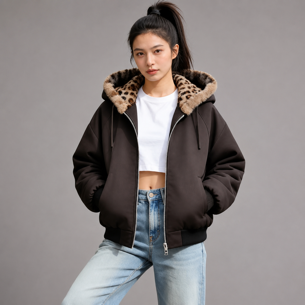 Women's Hooded Fleece Jacket – Double-Sided with Leopard Print