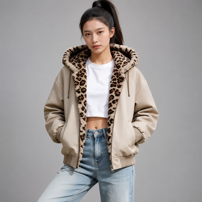 Women's Hooded Fleece Jacket – Double-Sided with Leopard Print