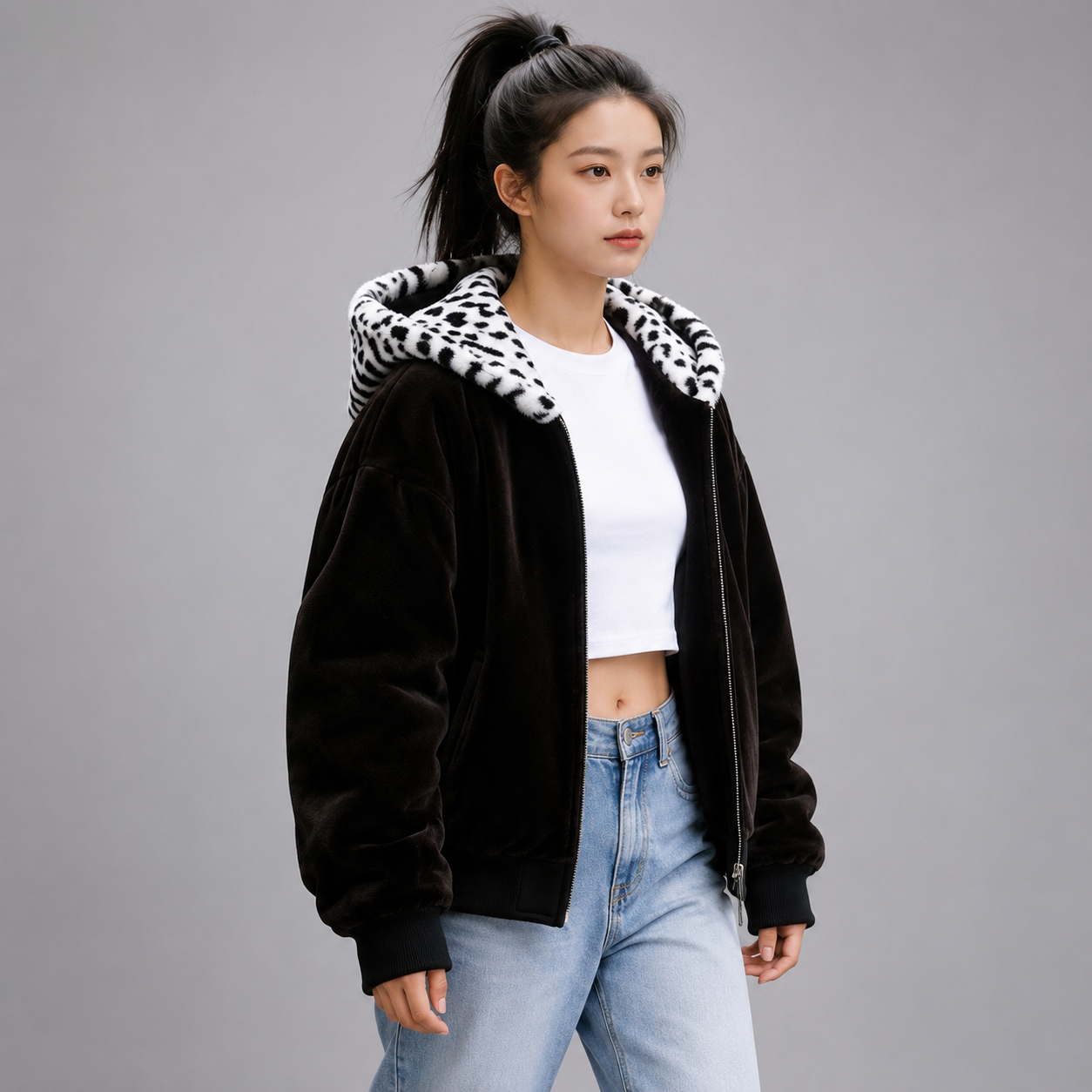 Women's Hooded Fleece Jacket – Double-Sided with Leopard Print