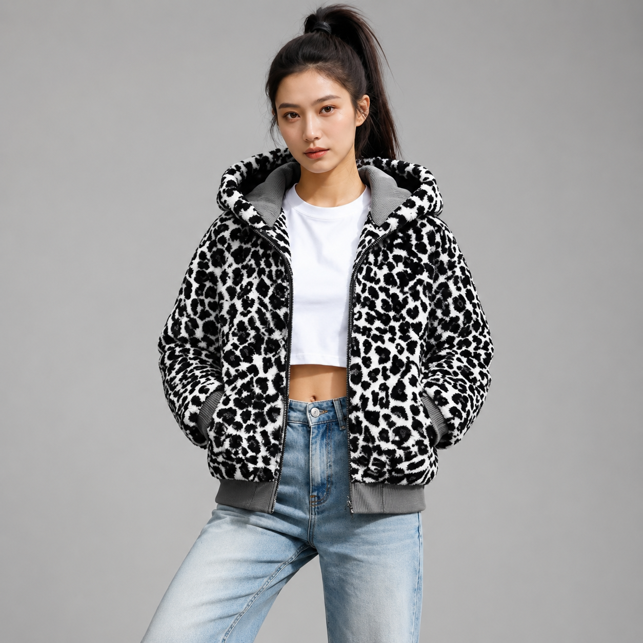 Women's Hooded Fleece Jacket – Double-Sided with Leopard Print