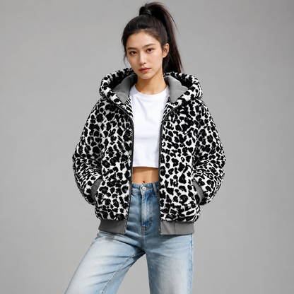 Women's Hooded Fleece Jacket – Double-Sided with Leopard Print