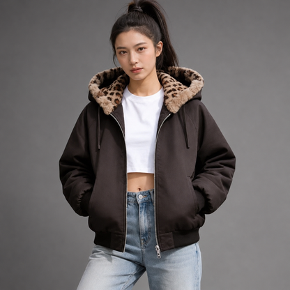 Women's Hooded Fleece Jacket – Double-Sided with Leopard Print