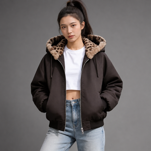 Women's Hooded Fleece Jacket – Double-Sided with Leopard Print