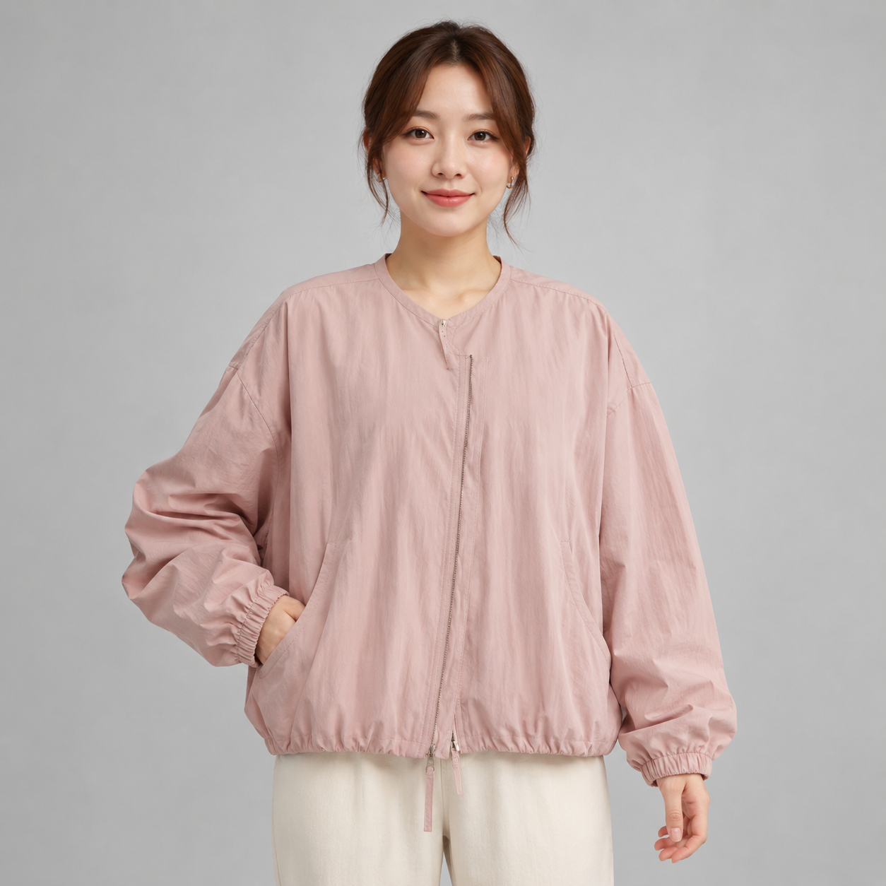 Women's Solid Color Spring Bomber Jacket – Loose Fit – Zipper Closure