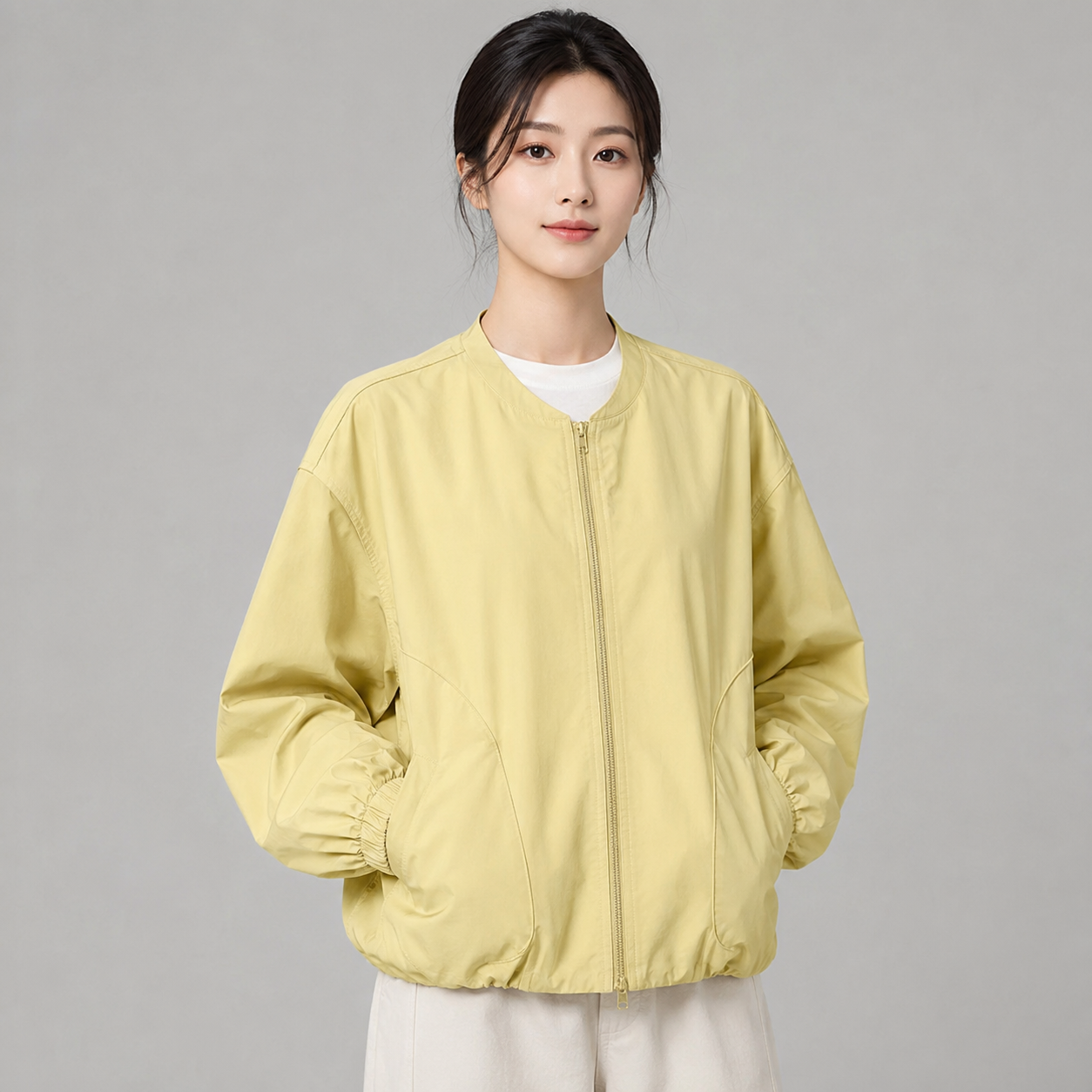 Women's Solid Color Spring Bomber Jacket – Loose Fit – Zipper Closure