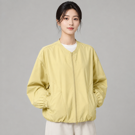 Women's Solid Color Spring Bomber Jacket – Loose Fit – Zipper Closure