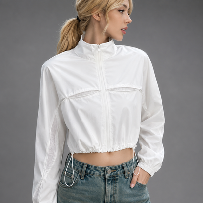 Women's Camo Mesh Cropped Jacket – Lightweight with See-Through Patchwork Design