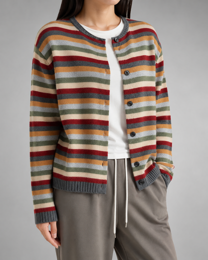 Women's Striped Knitted Cardigan – Loose Fit, Open Front for Autumn