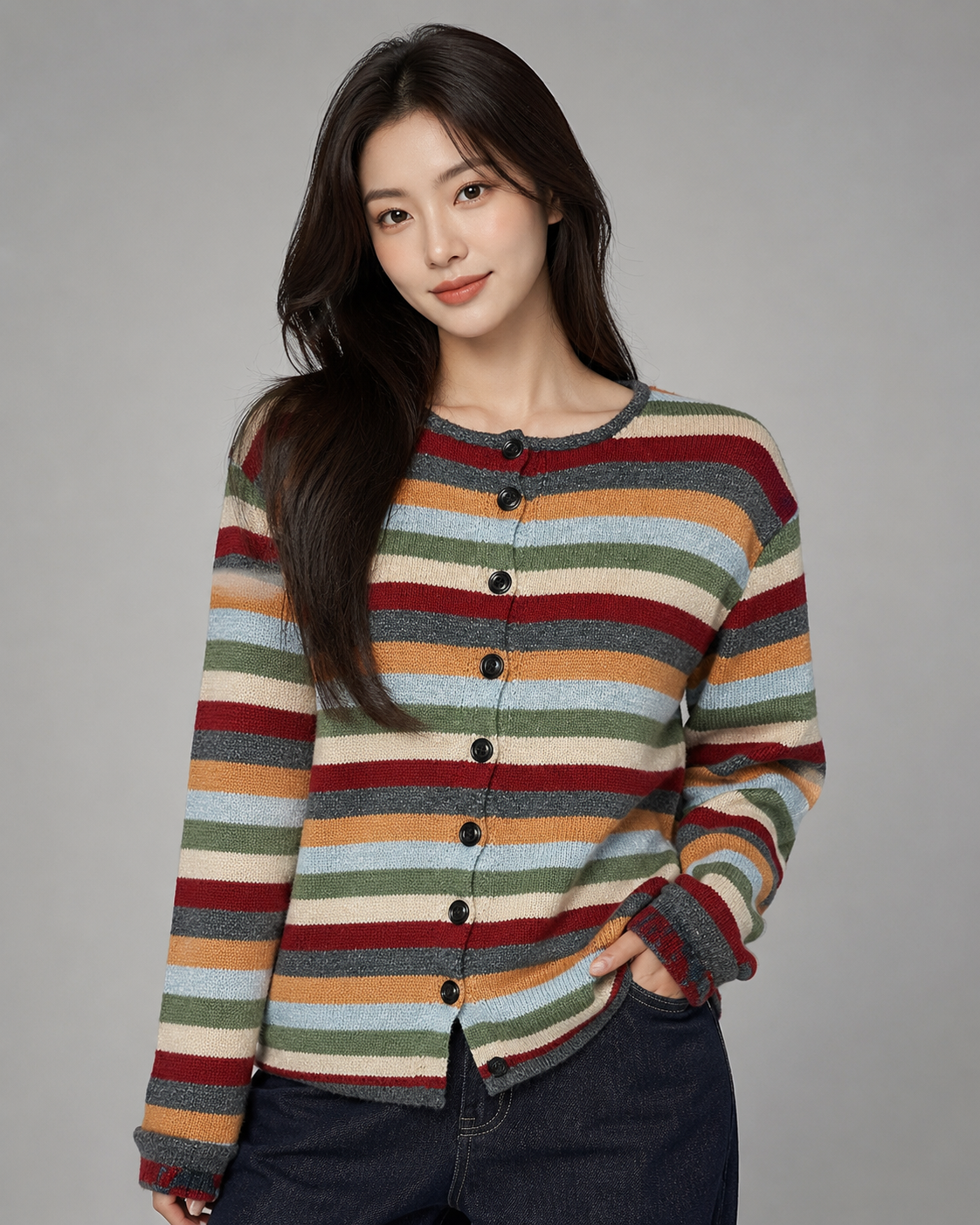 Women's Striped Knitted Cardigan – Loose Fit, Open Front for Autumn