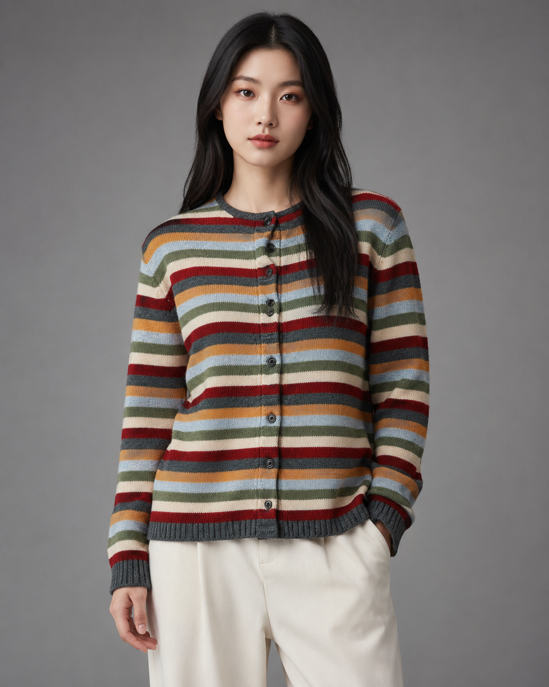 Women's Striped Knitted Cardigan – Loose Fit, Open Front for Autumn