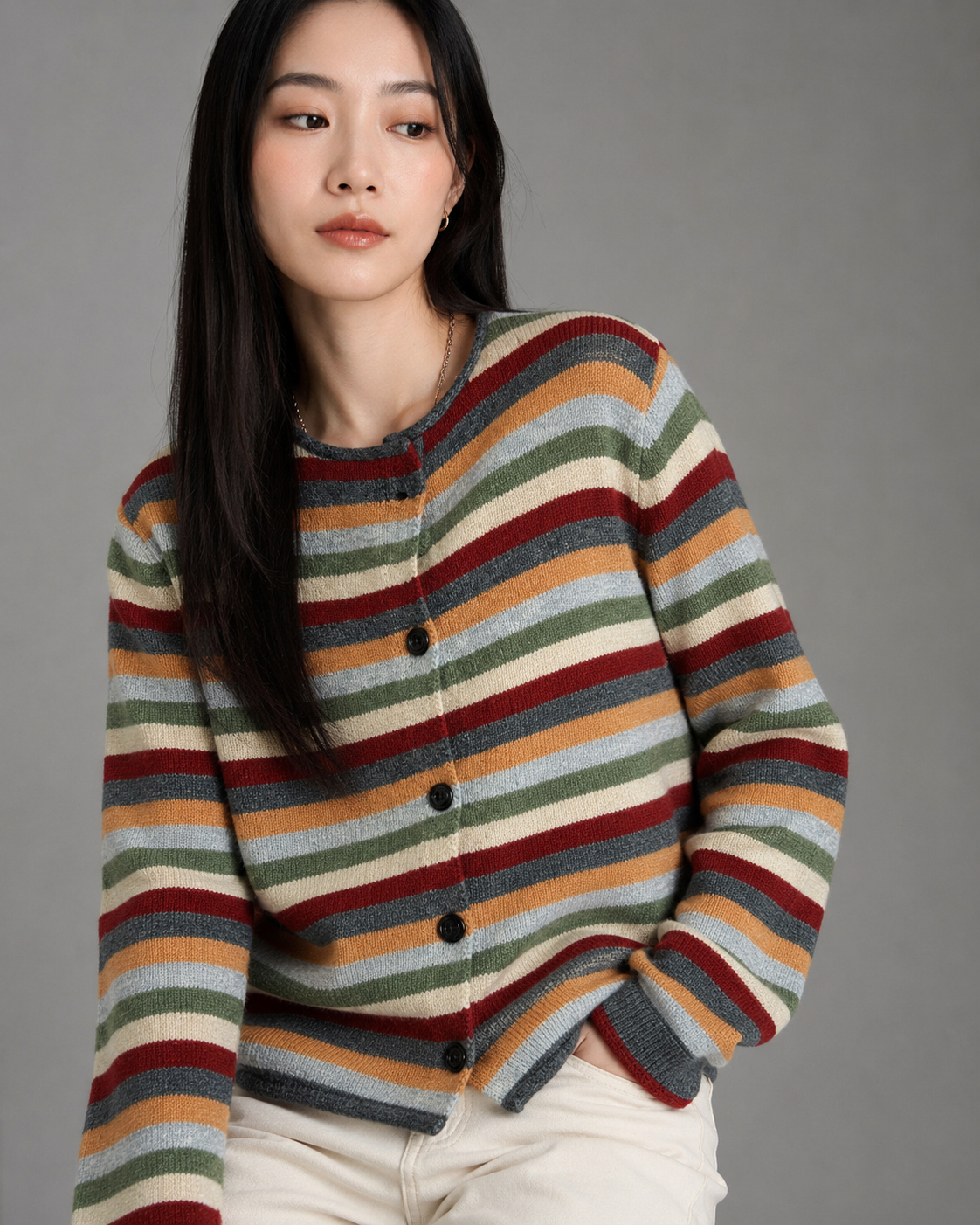 Women's Striped Knitted Cardigan – Loose Fit, Open Front for Autumn