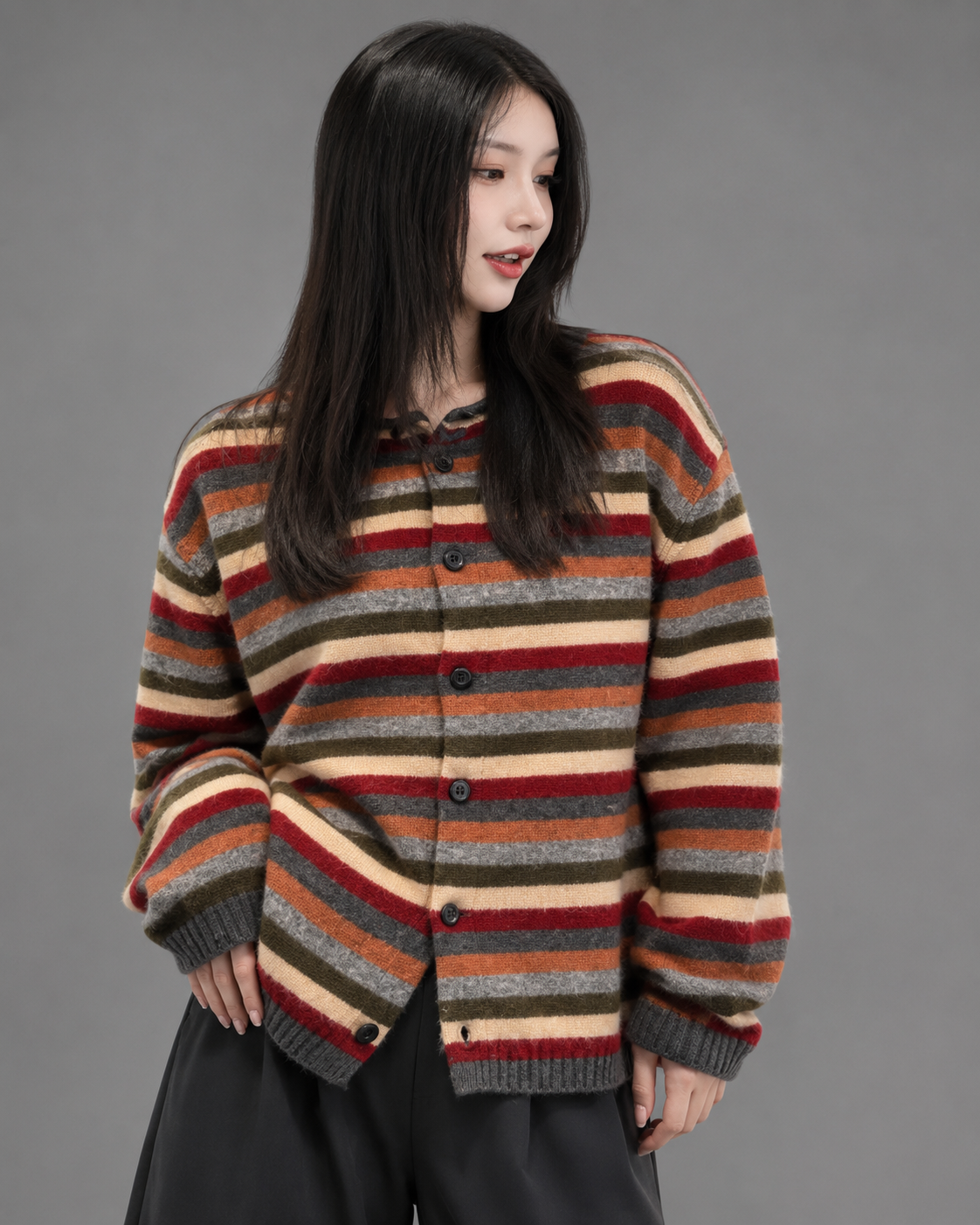 Women's Striped Knitted Cardigan – Loose Fit, Open Front for Autumn
