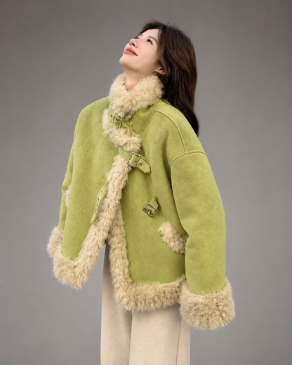 Women's Short Lamb Wool Jacket – Green Fur Detail – Autumn/Winter