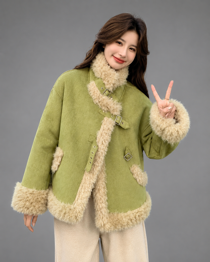 Women's Short Lamb Wool Jacket – Green Fur Detail – Autumn/Winter