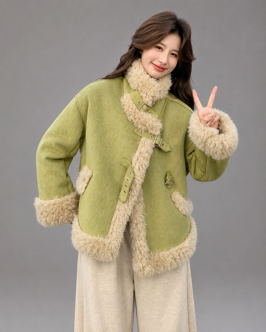 Women's Short Lamb Wool Jacket – Green Fur Detail – Autumn/Winter