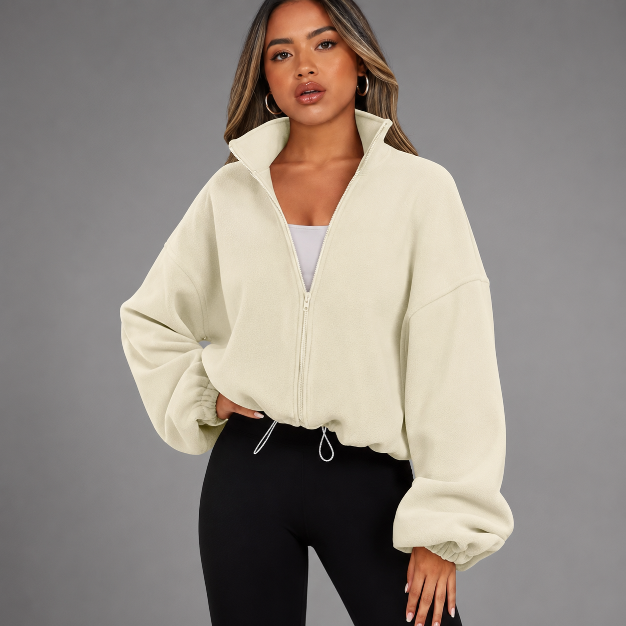 Women's Cropped Zip Up Hoodie – Drawstring Waist with Puff Sleeves