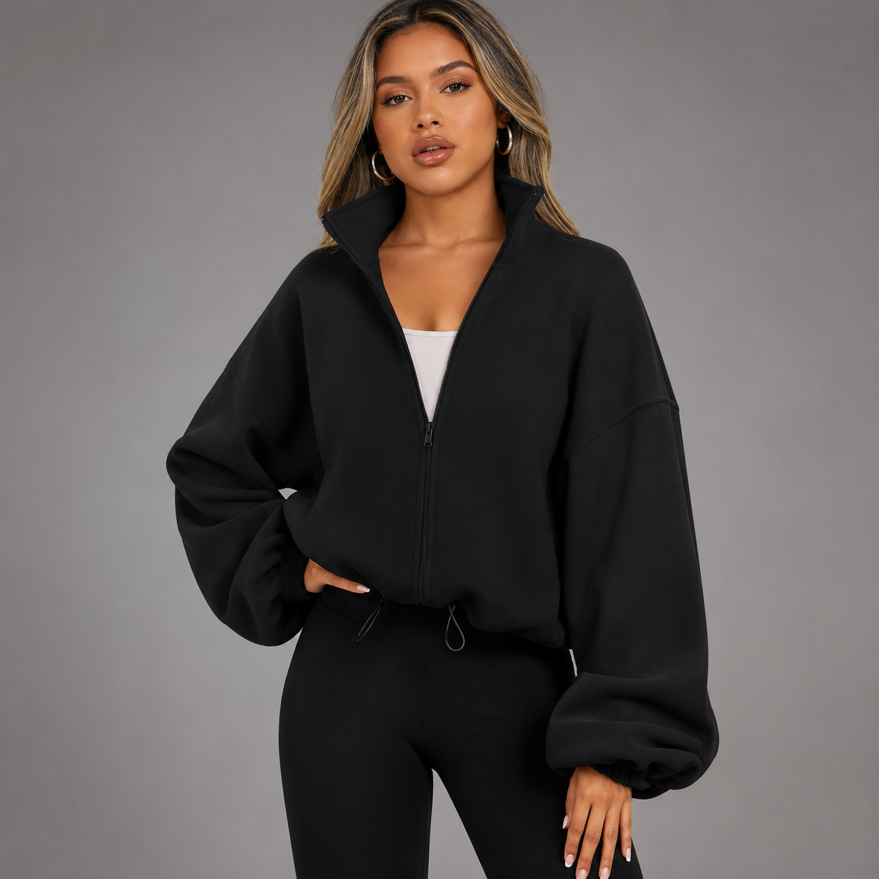 Women's Cropped Zip Up Hoodie – Drawstring Waist with Puff Sleeves
