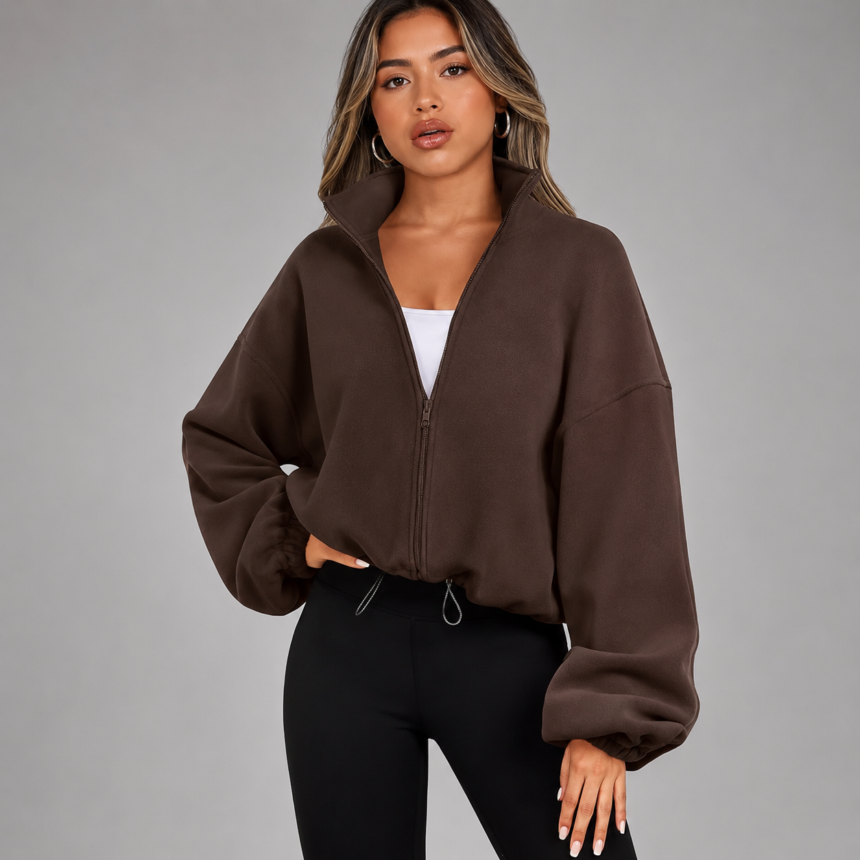 Women's Cropped Zip Up Hoodie – Drawstring Waist with Puff Sleeves