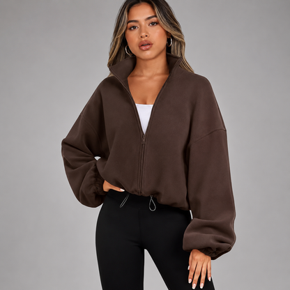 Women's Cropped Zip Up Hoodie – Drawstring Waist with Puff Sleeves