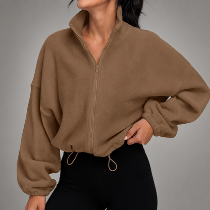 Women's Cropped Zip Up Hoodie – Drawstring Waist with Puff Sleeves